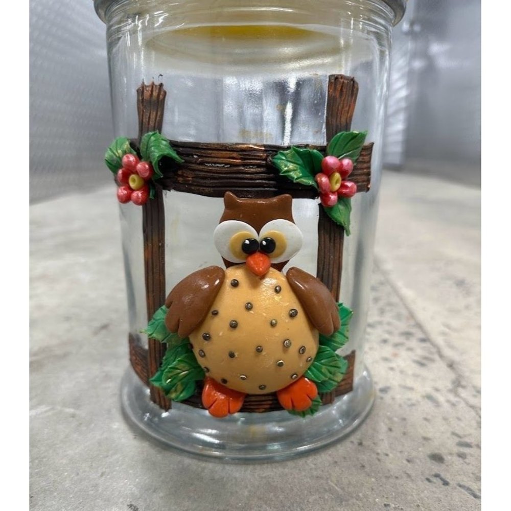 Decorative Glass Storage Jar with Fimo Clay Owl and Garden Scene